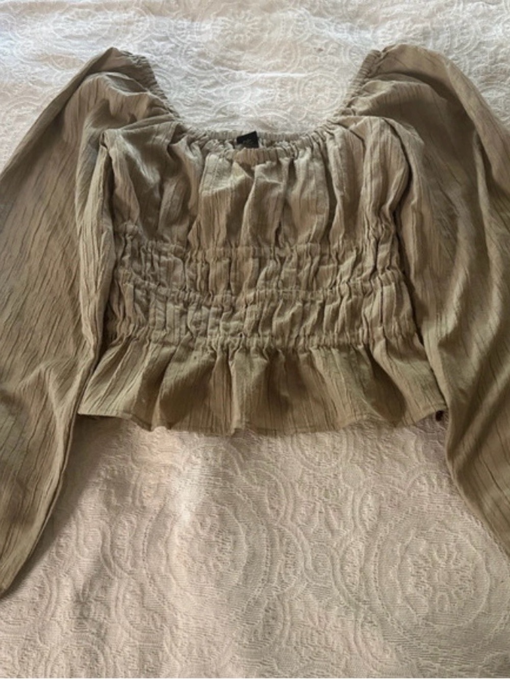 Smocked Peplum Long-Sleeve Top in Safari Tan